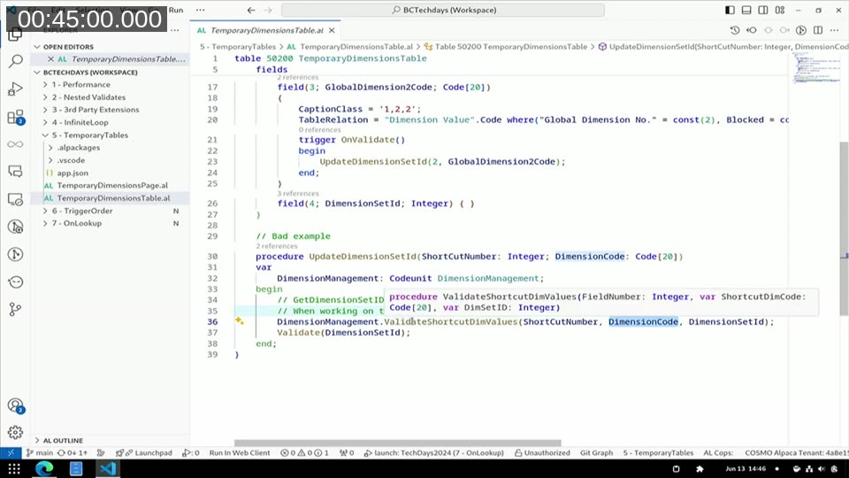 VS Code showing TemporaryDimensionsTable.al with a comment &ldquo;Bad example&rdquo; and code calling DimensionManagement.ValidateShortcutDimValues, which creates new Dimension Set Entries in the real database even when operating on a temp table