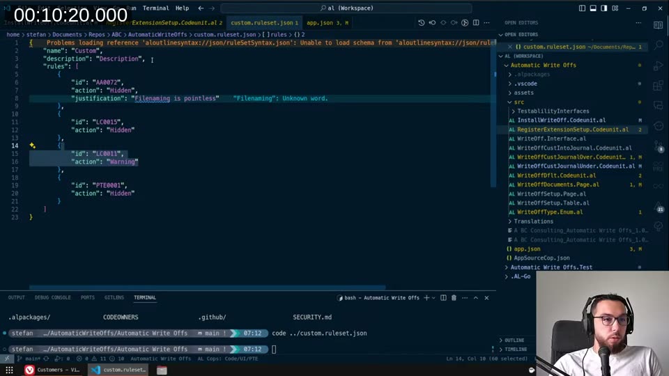 The custom.ruleset.json showing LC0011 set to Warning