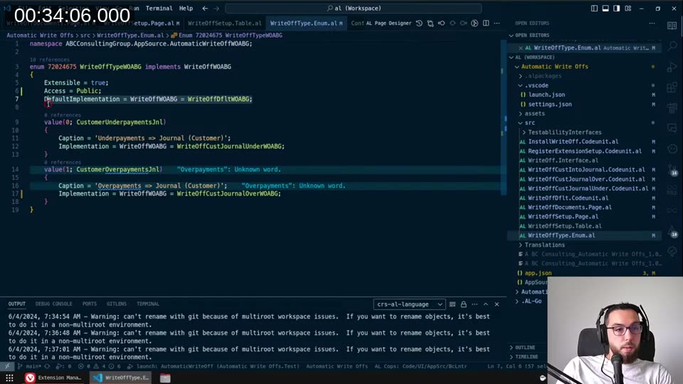 The WriteOffType enum showing DefaultImplementation and UnknownValueImplementation